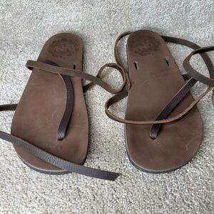 Luna Brown Leather Lace-Up Flat Sandals earth vibram minimalist w9.5/m8